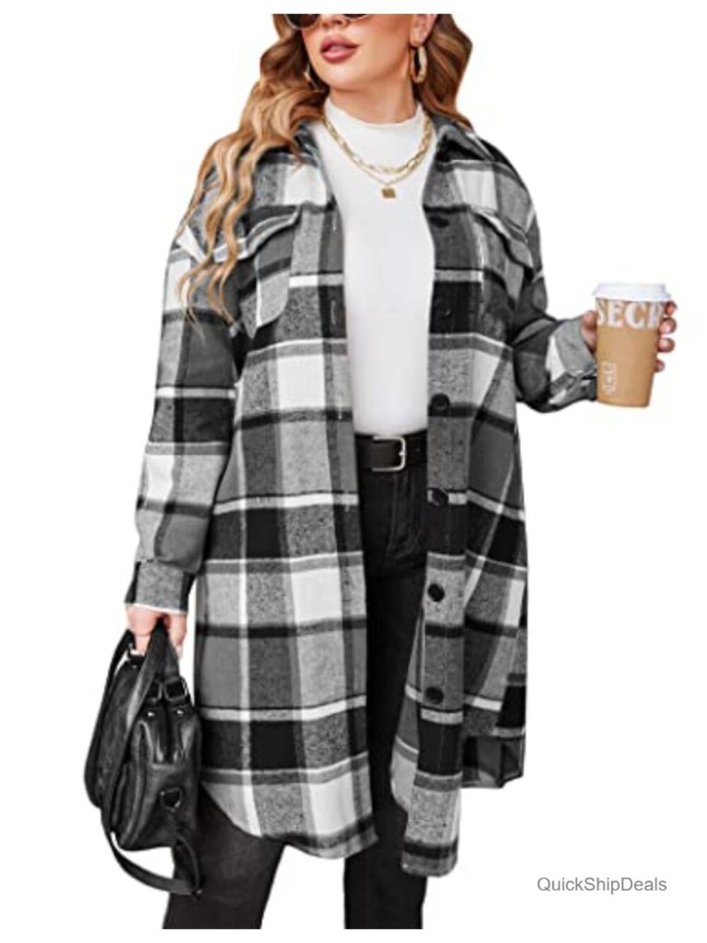 Plus Size Women Flannel Plaid Button Down Shacket with Pockets